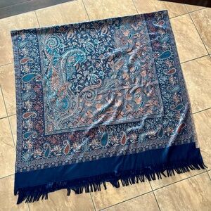 Weavers Villa Blue Paisley Wool Blend Scarf / Shawl -bohemian classic moody